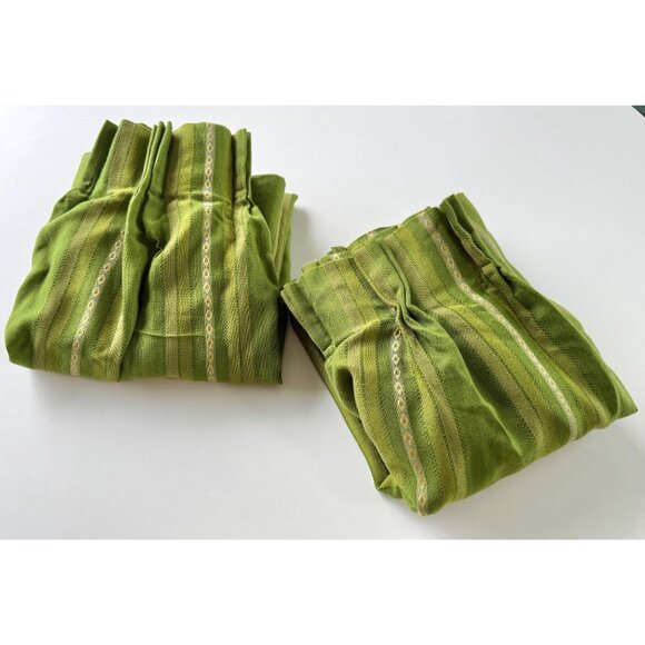 Vintage 70s curtains, avocado green vertical stripes, pair pleated panels - Picture 10 of 10